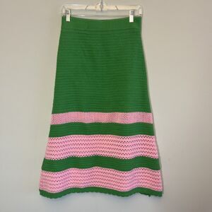 Scoop Crochet Midi Skirt Womens Medium Green Pink Lined Elastic Waist Striped